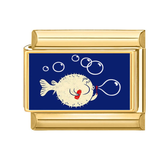 Image de 1 Pièce Bracelet à Maillons Breloques Italiens Accessories de Fabrication de Bracelets Bijoux DIY En Gros Bijoux d'Océan en 304 Acier Inoxydable Doré Bleu Foncé Rectangle Poisson-Globe 10mm x 9mm