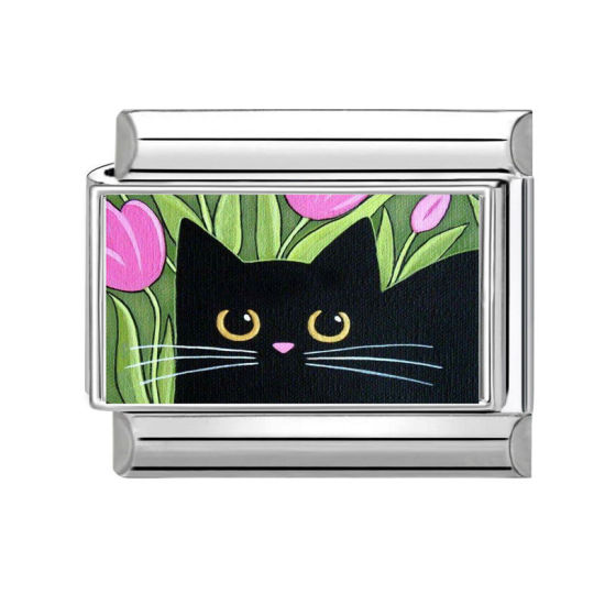 Imagen de 1 Unidad 304 Acero Inoxidable Charm Pulsera de Eslabones Italianos para Hacer Joyas DIY Al Por Mayor Tono de Plata Negro Rectángulo Gato 10mm x 9mm
