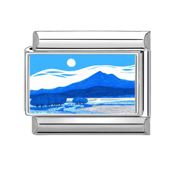 Bild von 1 Stück 304 Edelstahl Charm-Armband mit italienischen Gliedern zur Herstellung von DIY-Schmuck Großhandel Silberfarbe Blau Rechteck Mountain 10mm x 9mm