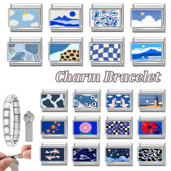 Bild von 1 Stück 304 Edelstahl Charm-Armband mit italienischen Gliedern zur Herstellung von DIY-Schmuck Großhandel Silberfarbe Blau Rechteck Mountain 10mm x 9mm