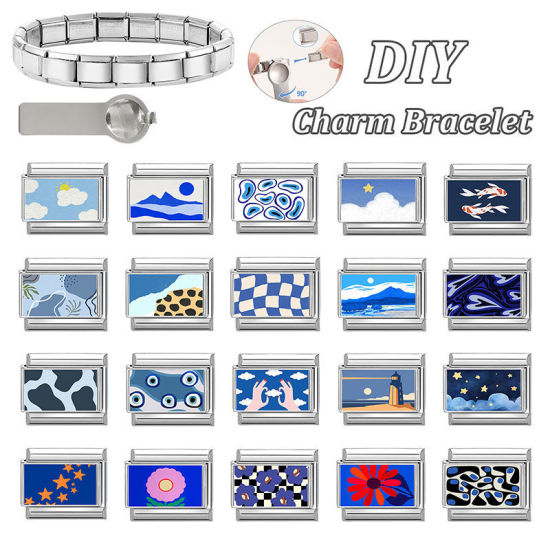 Bild von 1 Stück 304 Edelstahl Charm-Armband mit italienischen Gliedern zur Herstellung von DIY-Schmuck Großhandel Silberfarbe Blau Rechteck Mountain 10mm x 9mm