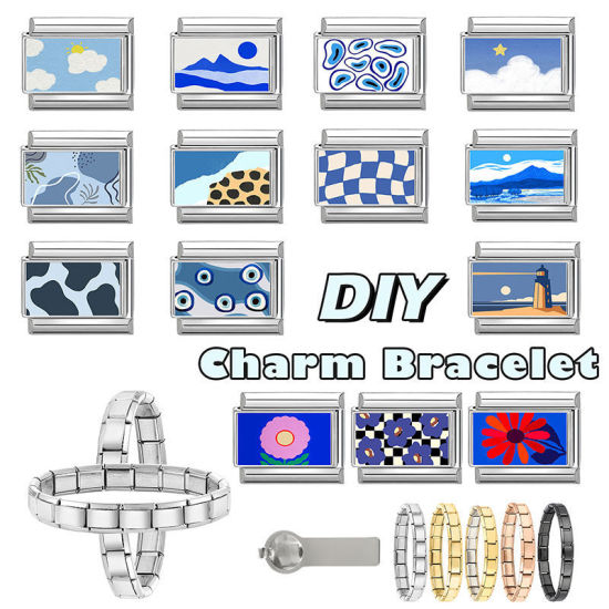 Bild von 1 Stück 304 Edelstahl Charm-Armband mit italienischen Gliedern zur Herstellung von DIY-Schmuck Großhandel Silberfarbe Blau Rechteck Mountain 10mm x 9mm