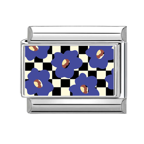 Bild von 1 Stück 304 Edelstahl Charm-Armband mit italienischen Gliedern zur Herstellung von DIY-Schmuck Großhandel Silberfarbe Blau Rechteck Blumen 10mm x 9mm
