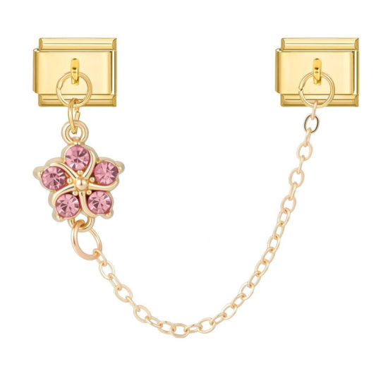 Image de 1 Pièce Bracelet à Maillons Breloques Italiens Accessories de Fabrication de Bracelets Bijoux DIY En Gros Élégant en 304 Acier Inoxydable Doré Fleur à Strass Rose 10mm x 9mm