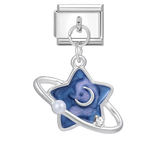 Bild von 1 Stück 304 Edelstahl Stilvoll Charm-Armband mit italienischen Gliedern zur Herstellung von DIY-Schmuck Großhandel Silberfarbe Dunkelblau Pentagramm Stern 10mm x 9mm