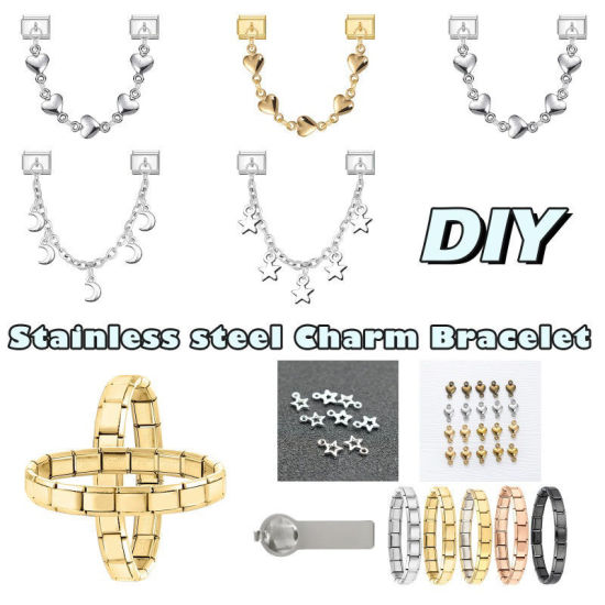 Image de 1 Pièce Bracelet à Maillons Breloques Italiens Accessories de Fabrication de Bracelets Bijoux DIY En Gros La Saint Valentin en 304 Acier Inoxydable Doré Cœur 10mm x 9mm