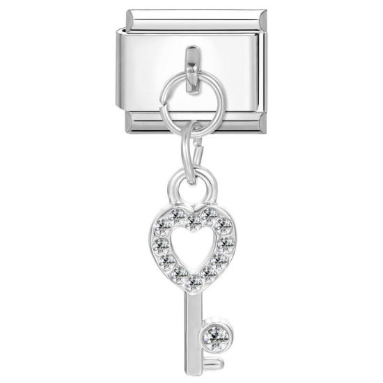 Bild von 1 Stück 304 Edelstahl Stilvoll Charm-Armband mit italienischen Gliedern zur Herstellung von DIY-Schmuck Großhandel Silberfarbe Schlüssel Transparent Strass 10mm x 9mm