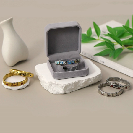 Picture of 1 Piece Velvet Jewelry Box For Necklace Bracelet Ring Gift Display Packaging Wholesale Gray Octagon 9cm x 9cm