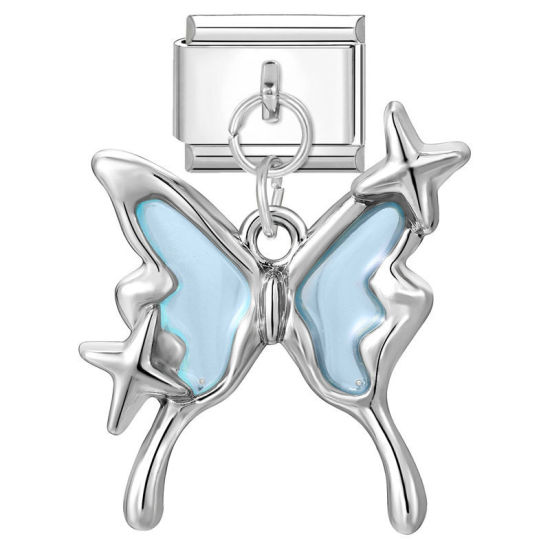 Bild von 1 Stück 304 Edelstahl Stilvoll Charm-Armband mit italienischen Gliedern zur Herstellung von DIY-Schmuck Großhandel Silberfarbe Hellblau Schmetterling 10mm x 9mm