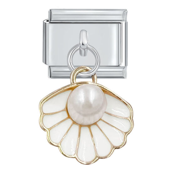 Bild von 1 Stück 304 Edelstahl Stilvoll Charm-Armband mit italienischen Gliedern zur Herstellung von DIY-Schmuck Großhandel Silberfarbe Weiß Muschel 10mm x 9mm