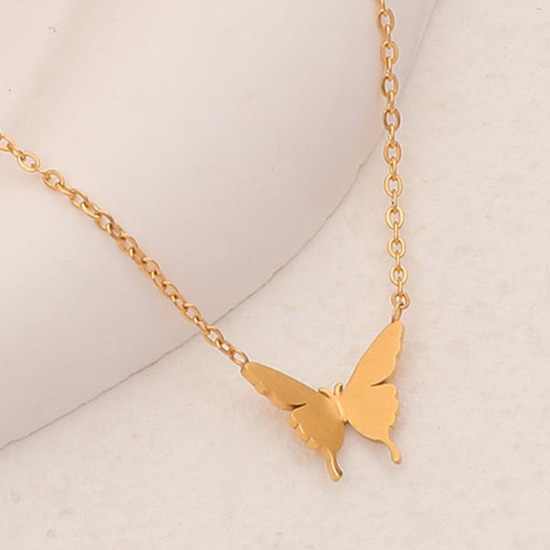 Picture of 1 Piece Vacuum Plating Simple & Casual Insect 18K Gold Plated 304 Stainless Steel Rolo Chain Butterfly Animal Pendant Necklace For Women Anniversary 40cm(15 6/8") long