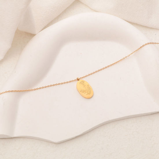 Immagine di 1 Pz Placcatura Sottovuoto Semplice & Casual Fiore del Mese di Nascita Placcato Oro 18K 316 Acciaio inossidabile Cavo Catena Ovale Gennaio Messaggio " January " Collana con Ciondolo Per Donne Compleanno 40cm Lunghezza
