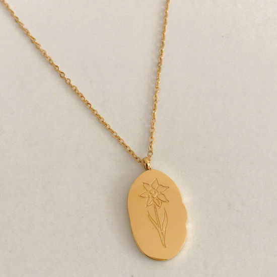 Immagine di 1 Pz Placcatura Sottovuoto Semplice & Casual Fiore del Mese di Nascita Placcato Oro 18K 316 Acciaio inossidabile Cavo Catena Ovale Marzo Messaggio " March " Collana con Ciondolo Per Donne Compleanno 40cm Lunghezza