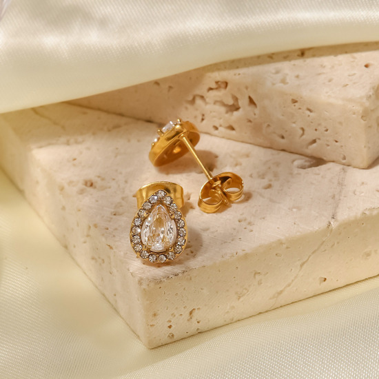 Immagine di Ecologico Squisito Elegante 18K Oro riempito 304 Acciaio Inossidabile & Zircone Cubico Goccia Orecchini a Perno Per Donne Festa 1cm x 0.7cm, 1 Paio