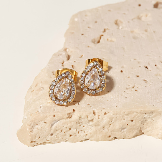 Immagine di Ecologico Squisito Elegante 18K Oro riempito 304 Acciaio Inossidabile & Zircone Cubico Goccia Orecchini a Perno Per Donne Festa 1cm x 0.7cm, 1 Paio