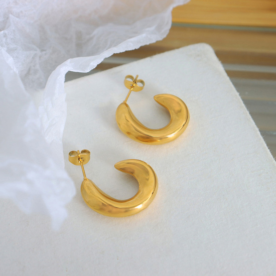 Imagen de 1 Par Sencillo & Casual Elegante 18K Oro Real Chapado 304 Acero Inoxidable Forma de C Ola Pendientes de Aro Para Mujeres 2.2cm x 1.7cm