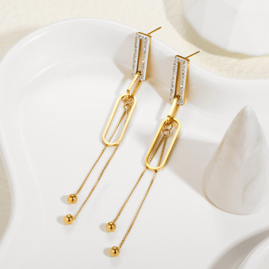 Immagine di Ecologico Semplice & Casual Elegante 18K Oro riempito 304 Acciaio Inossidabile & Strass Nappine Rettangolo Nappa Orecchini Per Donne Anniversario 9.5cm, 1 Paio