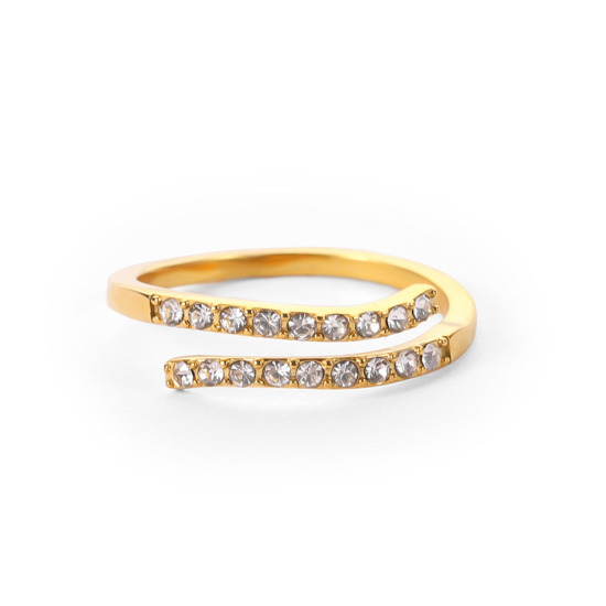 Bild von 1 Stück Vakuumbeschichtung Exquisit Stilvoll 18K Echtgold plattiert 304 Edelstahl & Zirkon Offen Verstellbar Ring Für Frauen 18mm (US Größe 7,75)