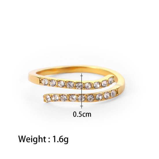 Bild von 1 Stück Vakuumbeschichtung Exquisit Stilvoll 18K Echtgold plattiert 304 Edelstahl & Zirkon Offen Verstellbar Ring Für Frauen 18mm (US Größe 7,75)