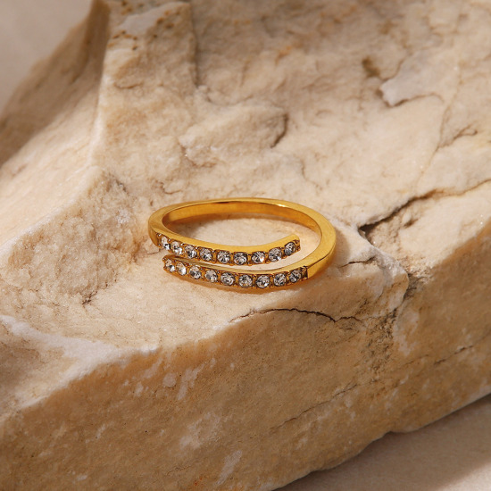 Bild von 1 Stück Vakuumbeschichtung Exquisit Stilvoll 18K Echtgold plattiert 304 Edelstahl & Zirkon Offen Verstellbar Ring Für Frauen 18mm (US Größe 7,75)