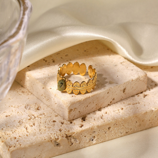 Imagen de Respetuoso del Medio Ambiente Retro Bohemia 18K Oro lleno 304 Acero Inoxidable & Piedra Abierto Ajustable Óvalo Anillos Unisexo 17mm (US size 6.5), 1 Unidad