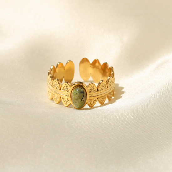 Imagen de Respetuoso del Medio Ambiente Retro Bohemia 18K Oro lleno 304 Acero Inoxidable & Piedra Abierto Ajustable Óvalo Anillos Unisexo 17mm (US size 6.5), 1 Unidad