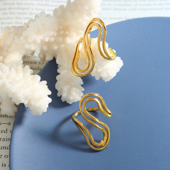 Picture of 1 Piece Vacuum Plating Simple & Casual Stylish 18K Real Gold Plated 304 Stainless Steel Open Adjustable S-shape Streak Rings Unisex 2.9cm x 1.7cm