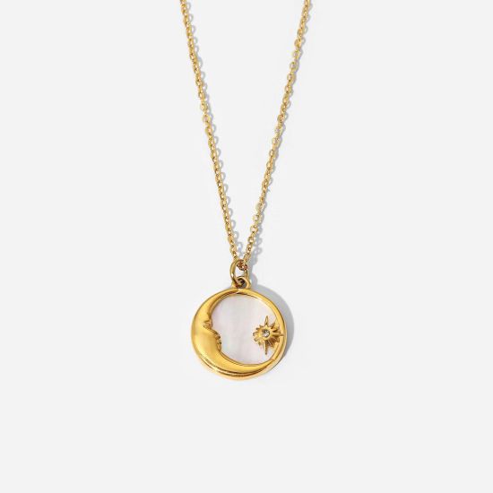 Imagen de 1 Unidad Enchapado al Vacío Sencillo & Casual Elegante 18K Oro Real Chapado 304 Acero Inoxidable y Diamantes de Imitación Cable Cadena Cruz Ronda Sol & Luna Imitación de Shell Collar con Colgante Para Mujeres 40cm longitud