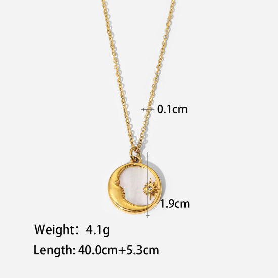 Imagen de 1 Unidad Enchapado al Vacío Sencillo & Casual Elegante 18K Oro Real Chapado 304 Acero Inoxidable y Diamantes de Imitación Cable Cadena Cruz Ronda Sol & Luna Imitación de Shell Collar con Colgante Para Mujeres 40cm longitud