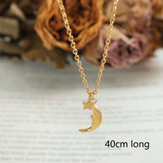 Picture of 1 Piece Vacuum Plating Simple & Casual Galaxy 18K Real Gold Plated 304 Stainless Steel Link Cable Chain Pentagram Star Moon Face Pendant Necklace For Women 40cm(15 6/8") long