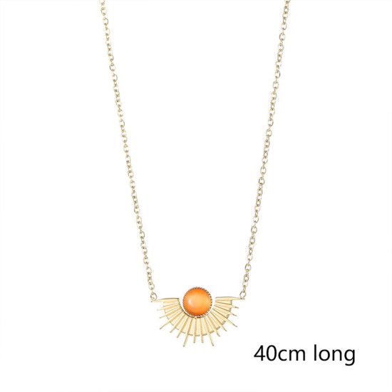 Picture of 1 Piece Vacuum Plating Stylish Galaxy 14K Real Gold Plated White 304 Stainless Steel Link Cable Chain Half Round Sun Pendant Necklace For Women 40cm(15 6/8") long