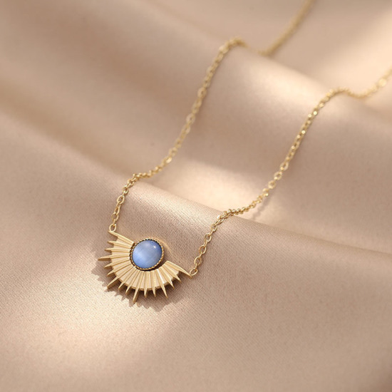 Picture of 1 Piece Vacuum Plating Stylish Galaxy 14K Real Gold Plated Blue 304 Stainless Steel Link Cable Chain Half Round Sun Pendant Necklace For Women 40cm(15 6/8") long