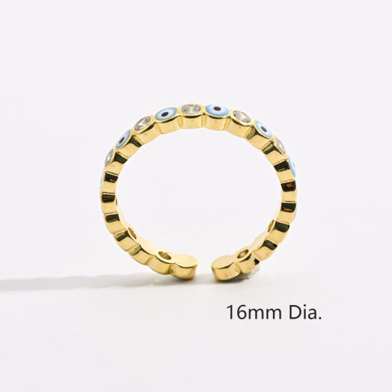 Immagine di Ecologico Retrò Elegante Placcato Oro 14K Ottone & Zircone Cubico Aperto Regolabile Tondo Malocchio Smalto Anello Per Donne 16mm (taglia di US: 5.25), 1 Pz