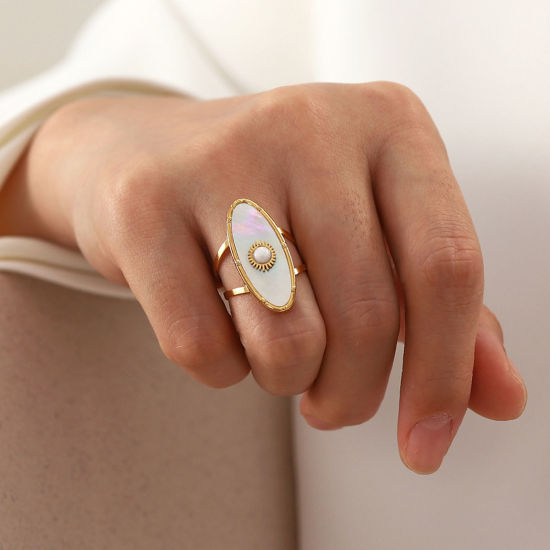 Imagen de 1 Unidad Enchapado al Vacío Retro Elegante 18K Oro Real Chapado 304 Acero Inoxidable Abierto Óvalo Ronda Anillos Para Mujeres 17mm (US size 6.5)