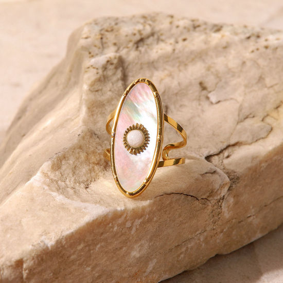 Imagen de 1 Unidad Enchapado al Vacío Retro Elegante 18K Oro Real Chapado 304 Acero Inoxidable Abierto Óvalo Ronda Anillos Para Mujeres 17mm (US size 6.5)