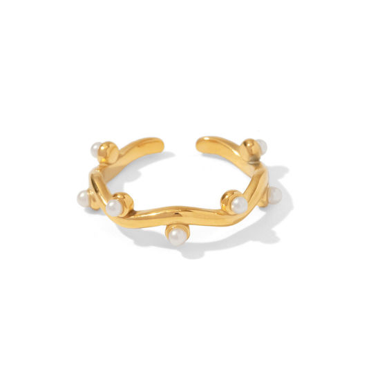 Image de 1 Pièce Placage sous Vide Élégant Bagues Ouvert Ajoustable Élégant en 304 Acier Inoxydable Plaqué Or Véritable 18K Irrégulier Imitation Perles Pour Femmes 17mm (Taille d'US 6.5)
