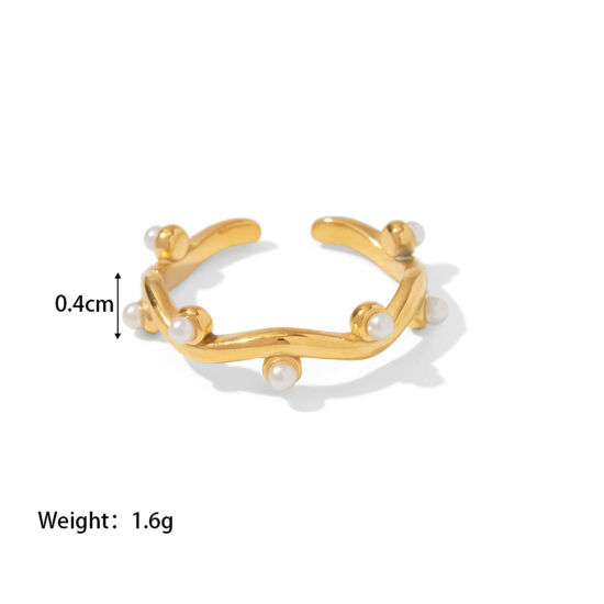 Image de 1 Pièce Placage sous Vide Élégant Bagues Ouvert Ajoustable Élégant en 304 Acier Inoxydable Plaqué Or Véritable 18K Irrégulier Imitation Perles Pour Femmes 17mm (Taille d'US 6.5)