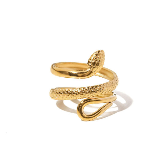Imagen de 1 Unidad Enchapado al Vacío Retro Elegante 18K Oro Real Chapado 304 Acero Inoxidable Abierto Serpiente Textura Anillos Para Mujeres 17mm (US size 6.5)