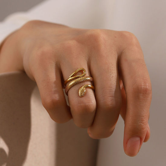 Imagen de 1 Unidad Enchapado al Vacío Retro Elegante 18K Oro Real Chapado 304 Acero Inoxidable Abierto Serpiente Textura Anillos Para Mujeres 17mm (US size 6.5)