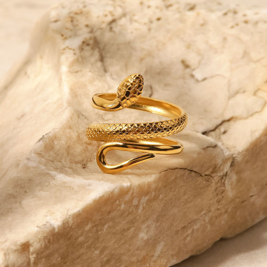 Imagen de 1 Unidad Enchapado al Vacío Retro Elegante 18K Oro Real Chapado 304 Acero Inoxidable Abierto Serpiente Textura Anillos Para Mujeres 17mm (US size 6.5)