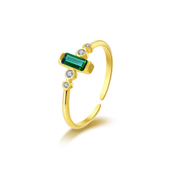 Image de 1 Pièce Placage sous Vide Exquis Bagues Ouvert Ajoustable Pierres de Naissance en 304 Acier Inoxydable & Zircon Plaqué Or Véritable 14K Rectangle Pour Femmes 20mm (Taille d'US: 10.25)
