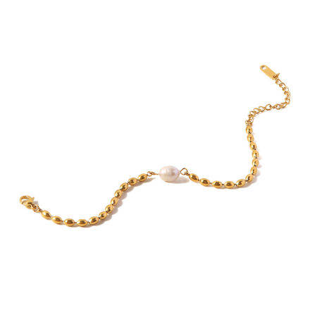 1 Piece Vacuum Plating Dainty Stylish 18K Real Gold Plated 304 Stainless Steel & Natural Pearl Ball Chain Bracelets For Women 17cm(6 6/8") long