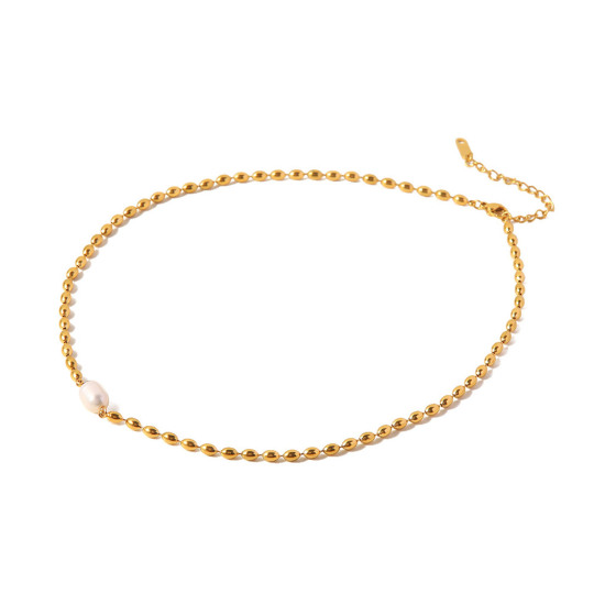 Image de 1 Pièce Placage sous Vide Élégant Colliers Chaîne Maille Bille Élégant en 304 Acier Inoxydable & Perle Naturelle Plaqué Or Véritable 18K Pour Femmes 41cm long