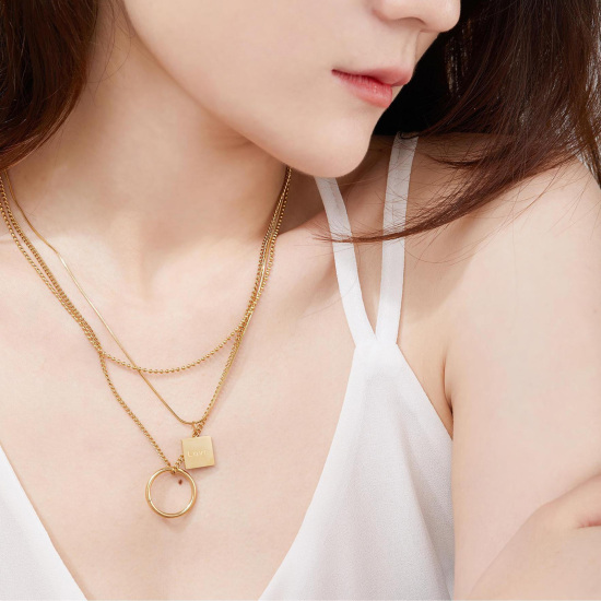 Picture of 1 Piece Vacuum Plating Simple & Casual Stylish 18K Gold Plated 304 Stainless Steel Ball Chain Geometric Multilayer Layered Necklace For Women 42cm - 50cm long