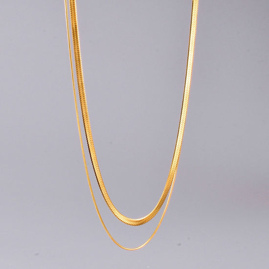 Picture of 1 Piece Vacuum Plating Simple & Casual Stylish 18K Gold Plated 316L Stainless Steel Snake Chain Link Chain Multilayer Layered Necklace For Women 37cm - 40cm long