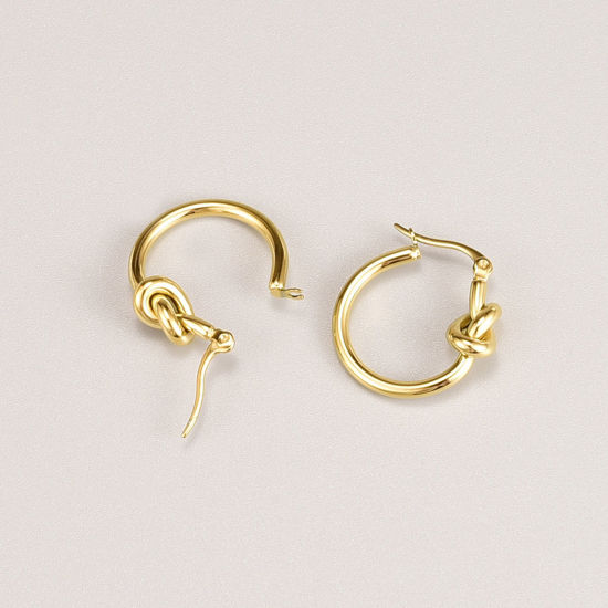 Bild von 1 Paar Vakuumbeschichtung Einfach und lässig Stilvoll 18K Gold plattiert 316L Edelstahl Knoten Hoop Ohrringe Für Frauen 24mm x 22mm