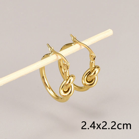 Bild von 1 Paar Vakuumbeschichtung Einfach und lässig Stilvoll 18K Gold plattiert 316L Edelstahl Knoten Hoop Ohrringe Für Frauen 24mm x 22mm