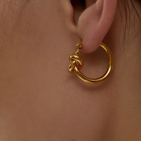 Bild von 1 Paar Vakuumbeschichtung Einfach und lässig Stilvoll 18K Gold plattiert 316L Edelstahl Knoten Hoop Ohrringe Für Frauen 24mm x 22mm
