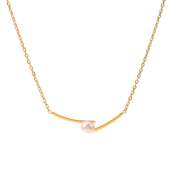 Image de 1 Pièce Collier à Pendentif Chaîne Maille Forçat Élégant en 304 Acier Inoxydable Placage sous Vide Élégant Plaqué Or Véritable 18K Motifs ligne Imitation Perles Pour Femmes 43cm long