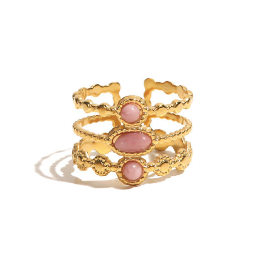 Bild von 1 Stück Vakuumbeschichtung Süß Stilvoll 18K Echtgold plattiert Rosa 304 Edelstahl & Stein Offen Geometrie Ring Für Frauen 20mm（US Größe:10,25)